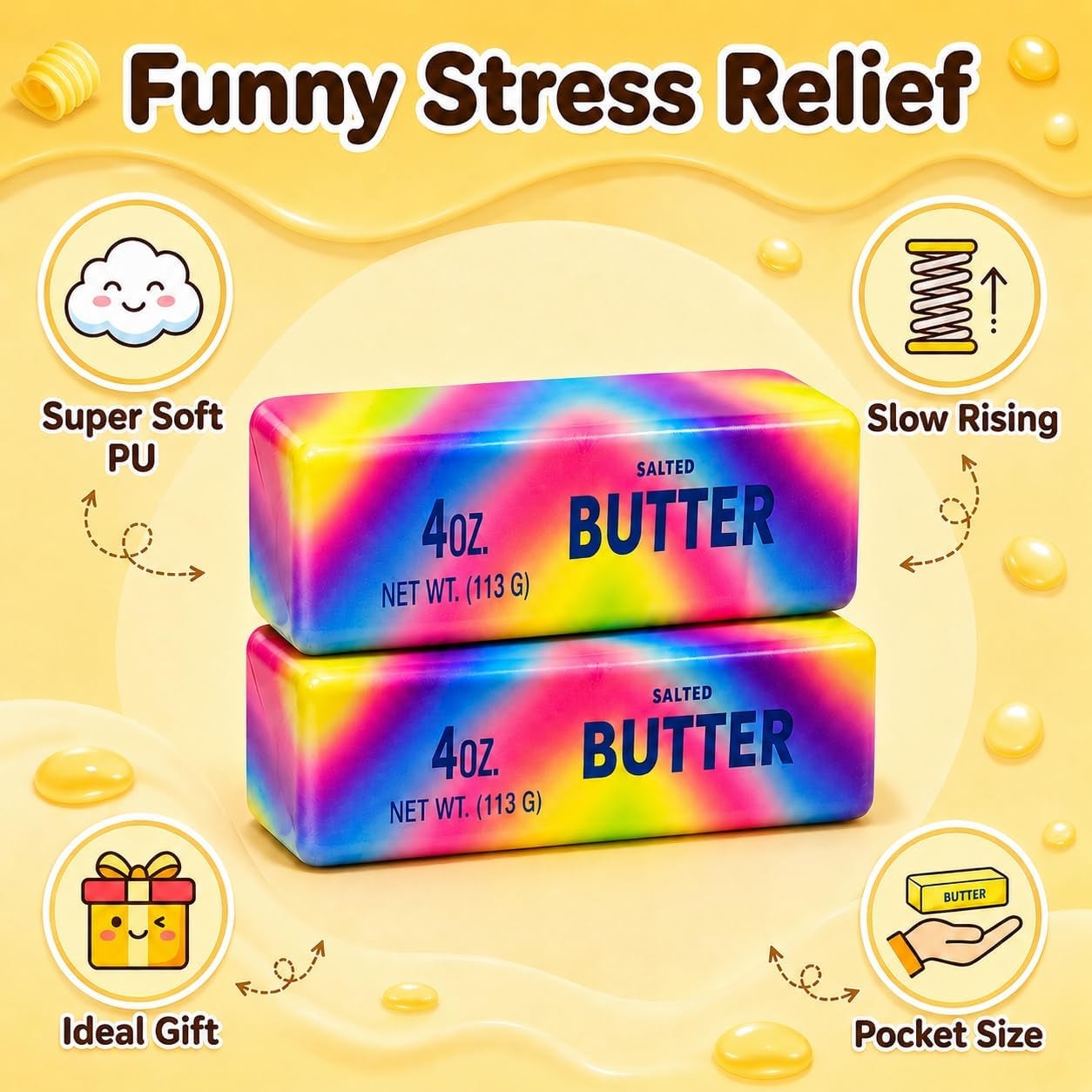 2 PCS Slow Rising Butter Squishy, Realistic Butter Stick Stress Relief Ball for Adults and Teens, Cute Sensory Fidget Gadget, Soft Anxiety Relief with Wet Rebound, 2 Pack Butter Squishys (Rainbow)