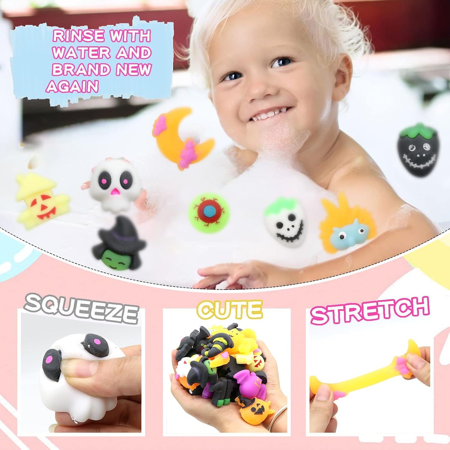 50 Pcs Halloween Mochi Squishy Toy Party Favors,Mini Squishies Cute Squeeze Toy Stress Reliever Anxiety Packs for Boys and Girls