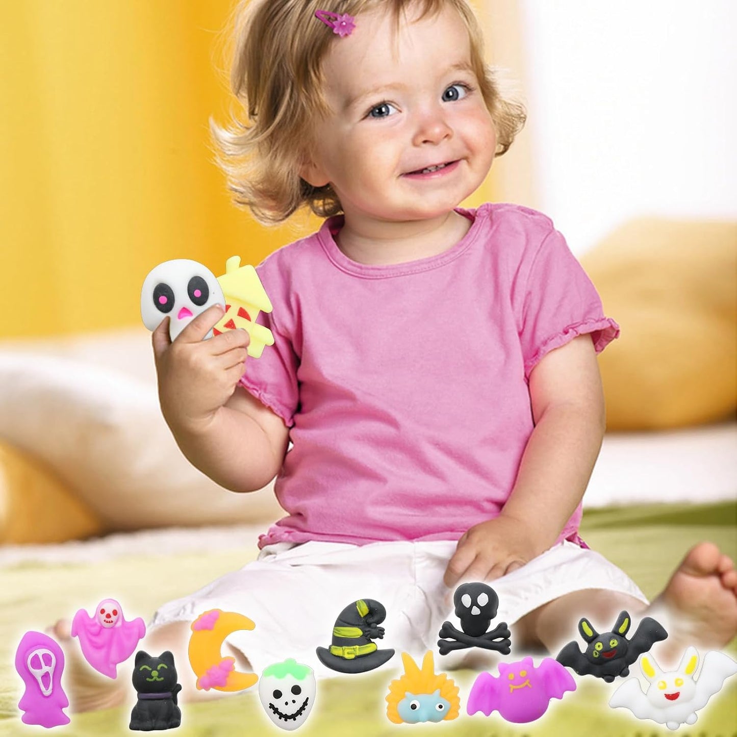 50 Pcs Halloween Mochi Squishy Toy Party Favors,Mini Squishies Cute Squeeze Toy Stress Reliever Anxiety Packs for Boys and Girls