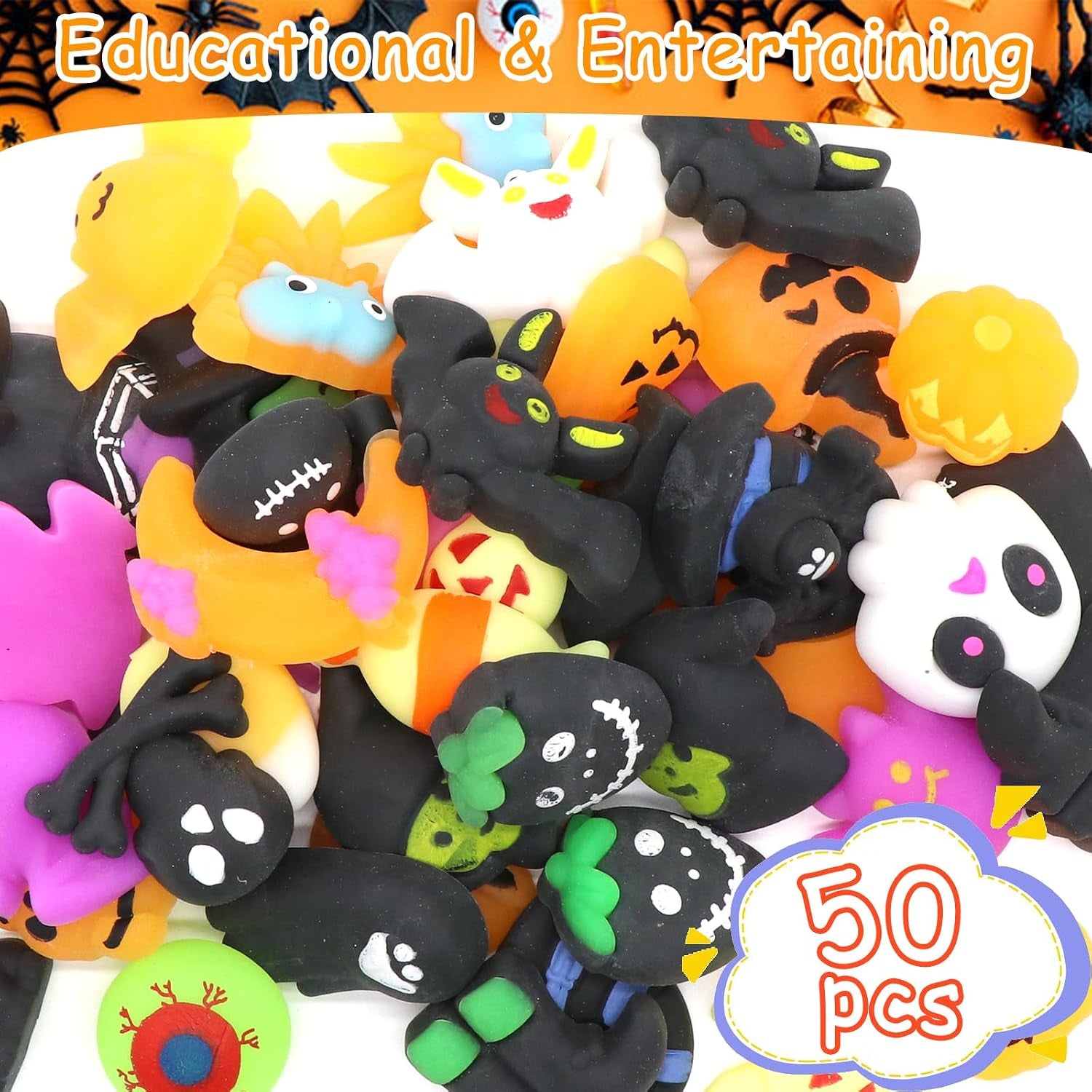 50 Pcs Halloween Mochi Squishy Toy Party Favors,Mini Squishies Cute Squeeze Toy Stress Reliever Anxiety Packs for Boys and Girls