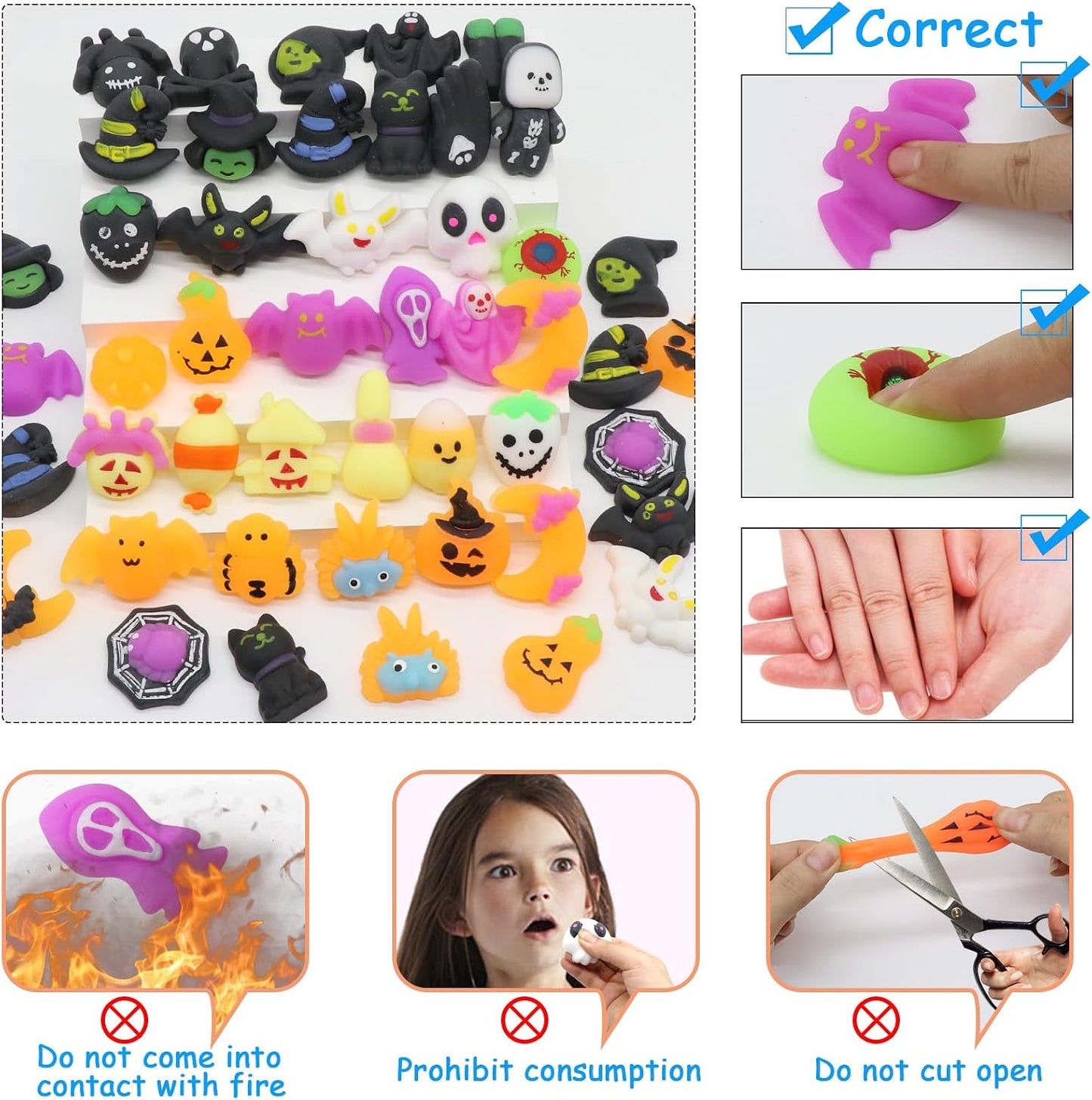 50 Pcs Halloween Mochi Squishy Toy Party Favors,Mini Squishies Cute Squeeze Toy Stress Reliever Anxiety Packs for Boys and Girls