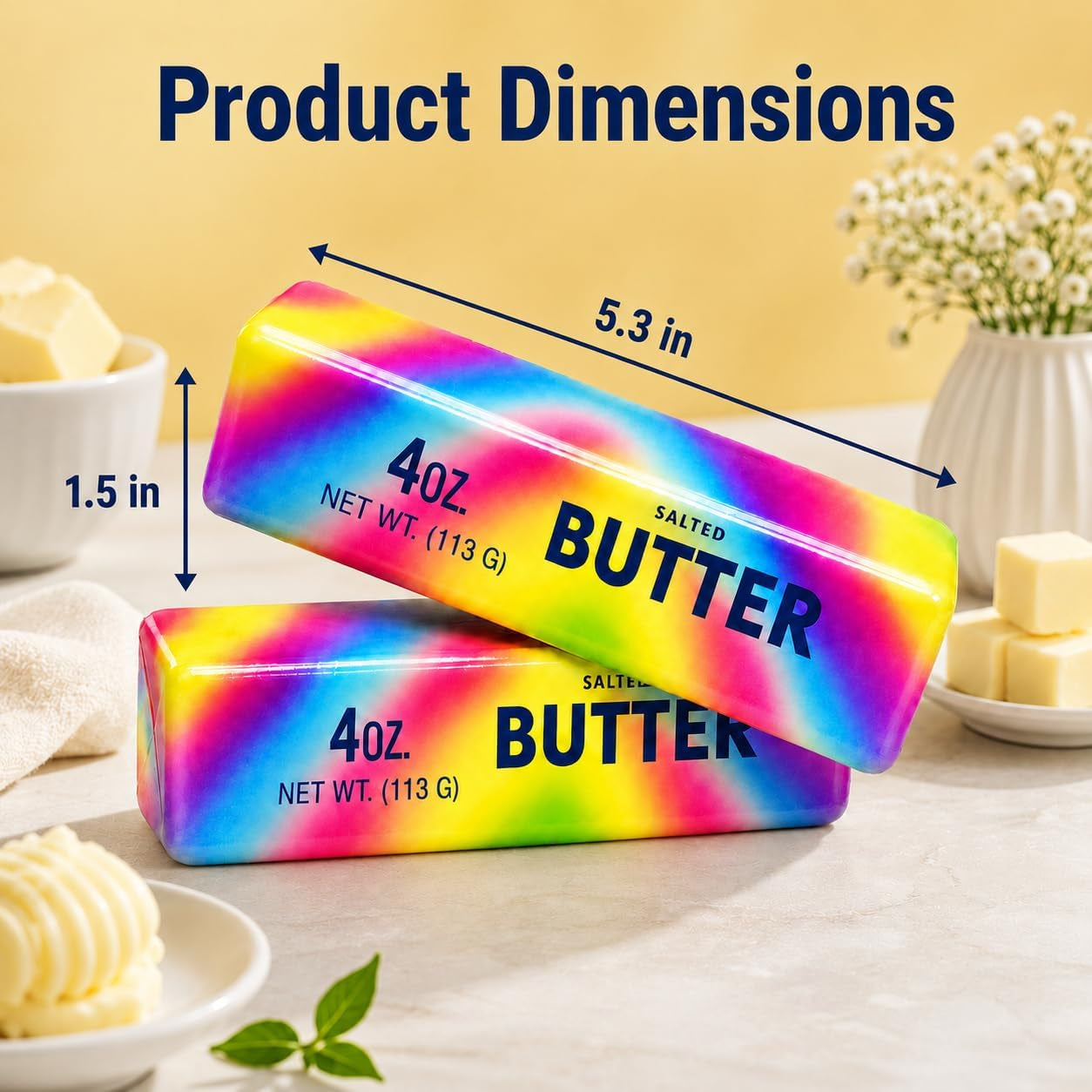 2 PCS Slow Rising Butter Squishy, Realistic Butter Stick Stress Relief Ball for Adults and Teens, Cute Sensory Fidget Gadget, Soft Anxiety Relief with Wet Rebound, 2 Pack Butter Squishys (Rainbow)