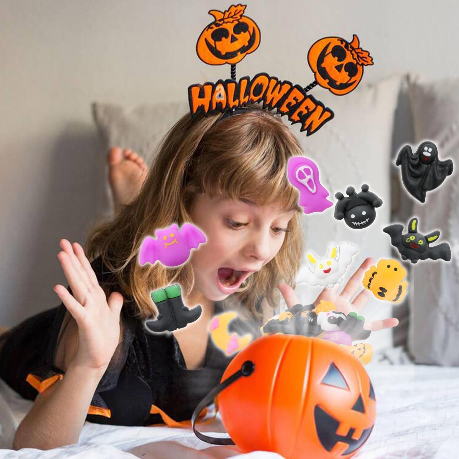 50 Pcs Halloween Mochi Squishy Toy Party Favors,Mini Squishies Cute Squeeze Toy Stress Reliever Anxiety Packs for Boys and Girls